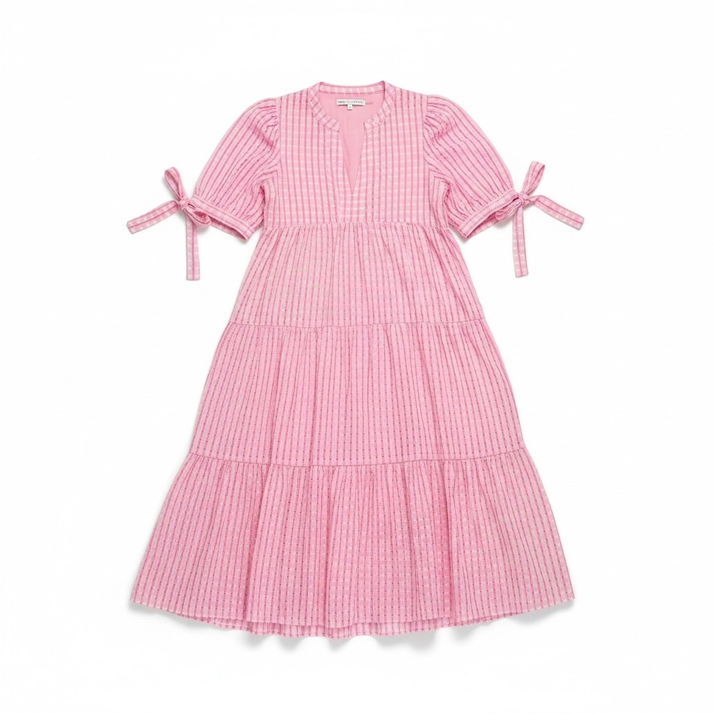 English Factory Pink Tiered Midi Dress with Tie Sleeves
